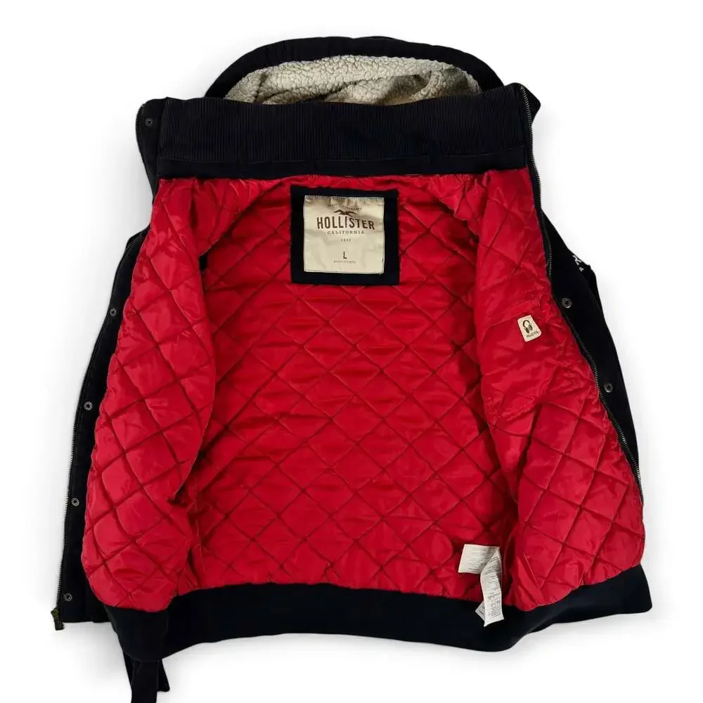 Hollister California Sherpa Lined Quilted Full Zip Hoodie Jacket Navy Blue